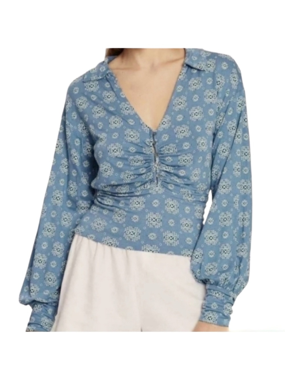 Free People Blue Printed V-Neck Ruched Women's Top